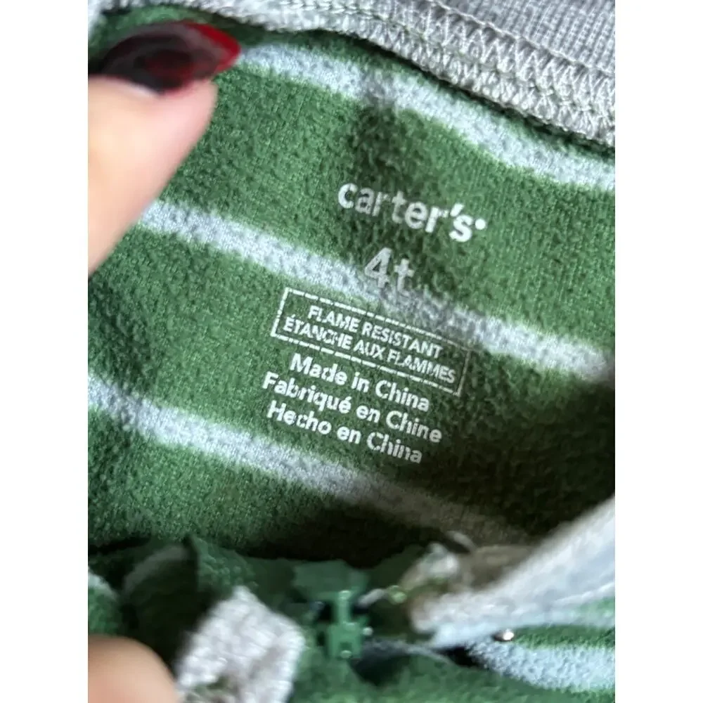 Title: Carter's 4T zip-up footed sleeper, green stripes, dog face feet